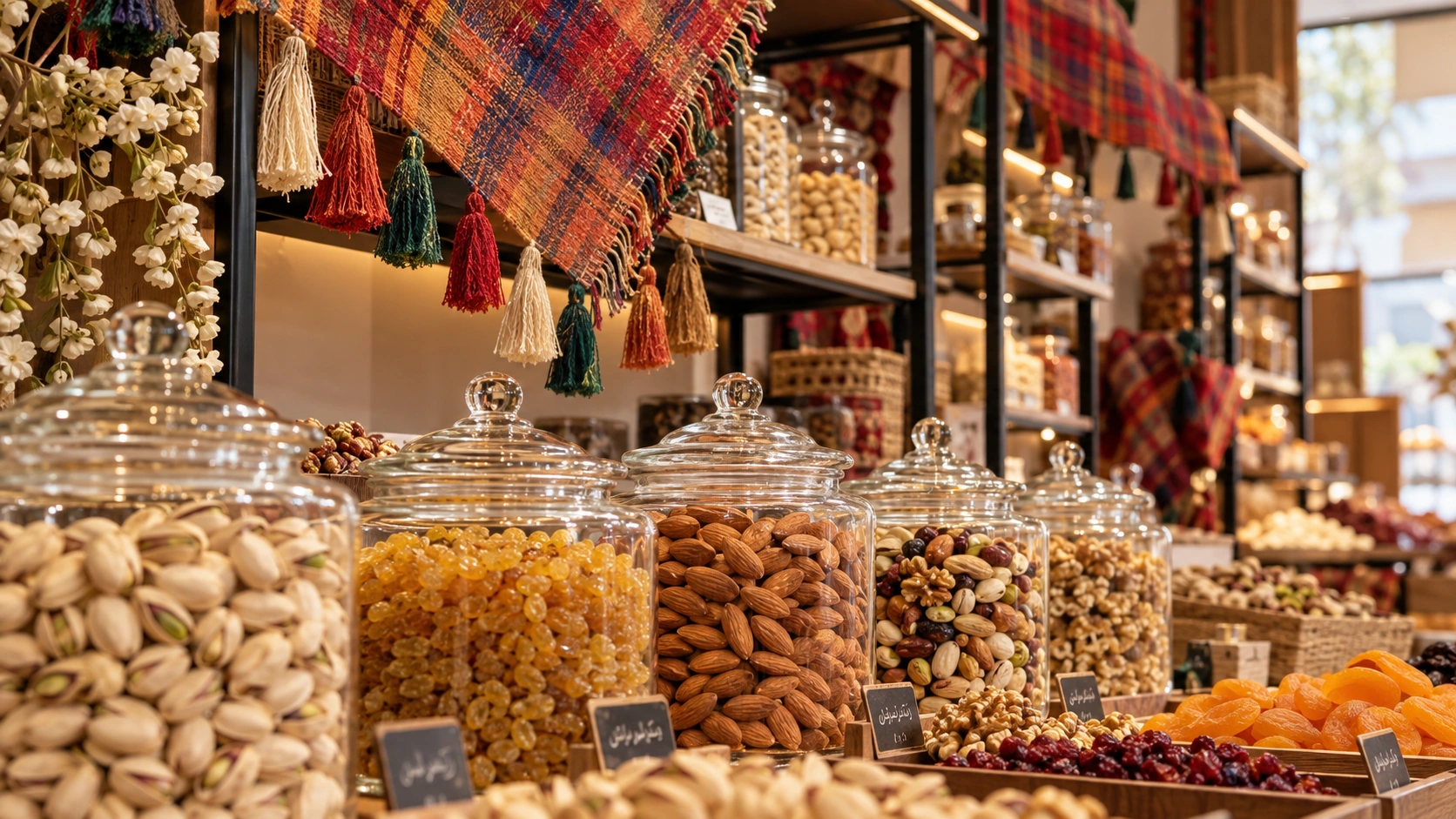 Ajil Moloudi storefront hero showing jars of nuts and dried fruits